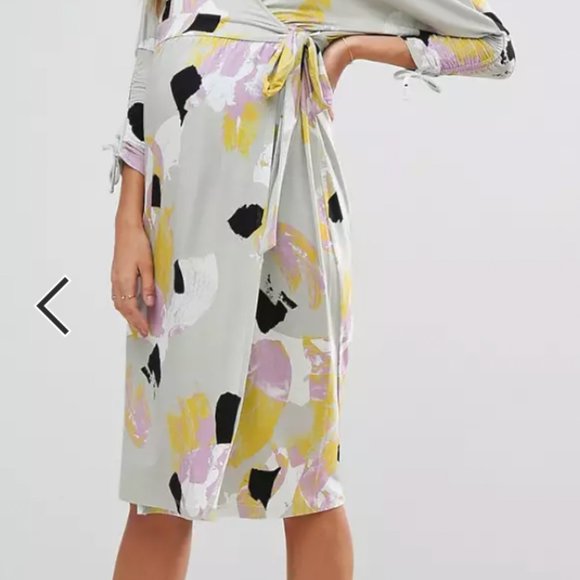 ASOS Batwing Abstract Print Wrap Dress Creme/Purple/Yellow Pattern - Picture 7 of 10